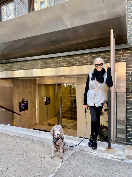 Linda Rodin of @lindaandwinks with her dog winks wearing a gorgeous mohair reflective vest