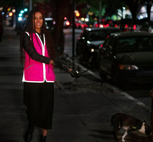 The Mohair Cardigan Zip Sweater Vest, Shocking Barbie Pink w/Reflective Trim
