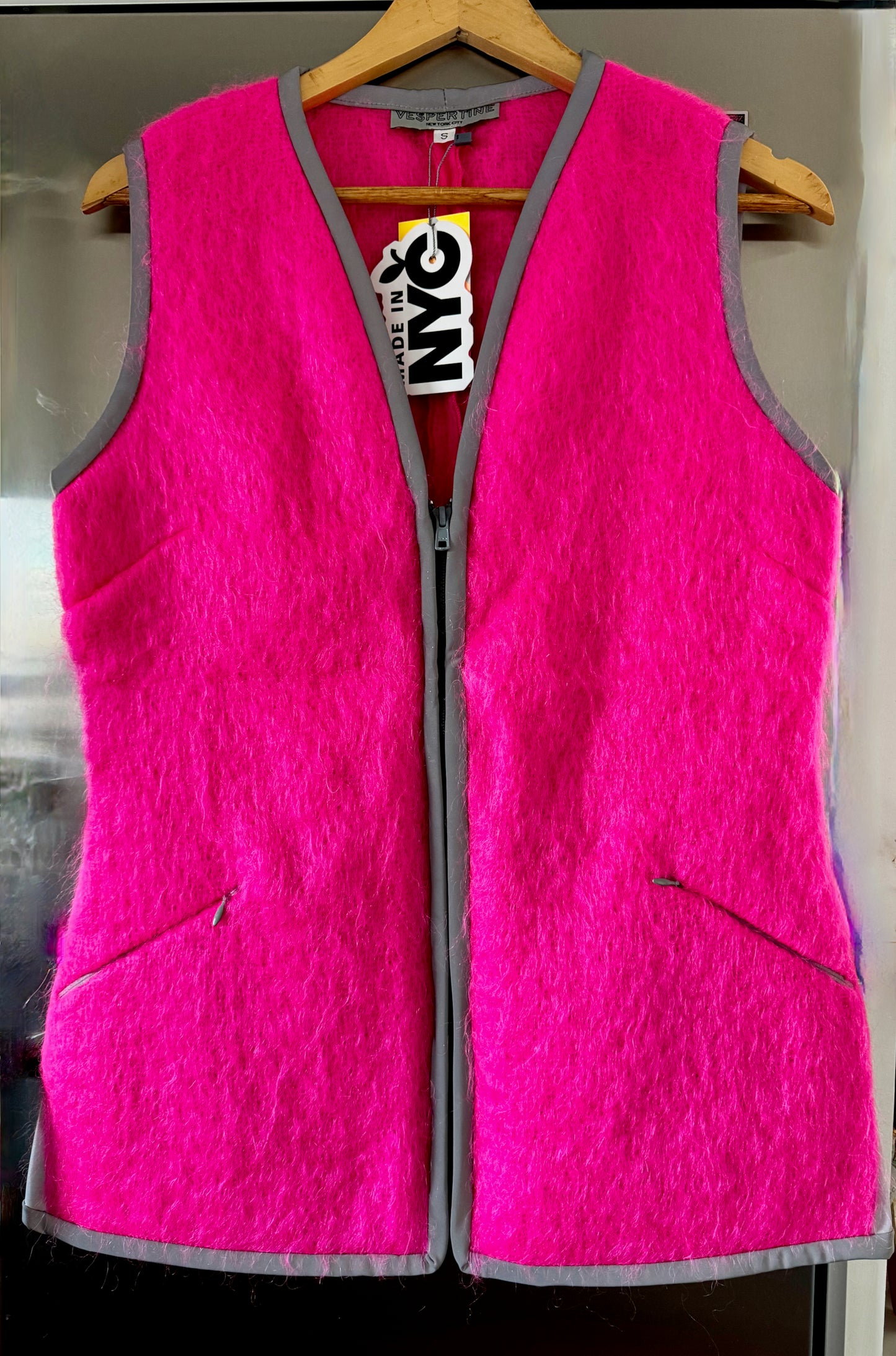 reflective Mohair zip sweater VEST, Barbie pink, Shocking Pink, zip pockets hi vis stylish safety vest neon vest high visibility vest made in NYC bike cycle ebike dog walker walking be seen