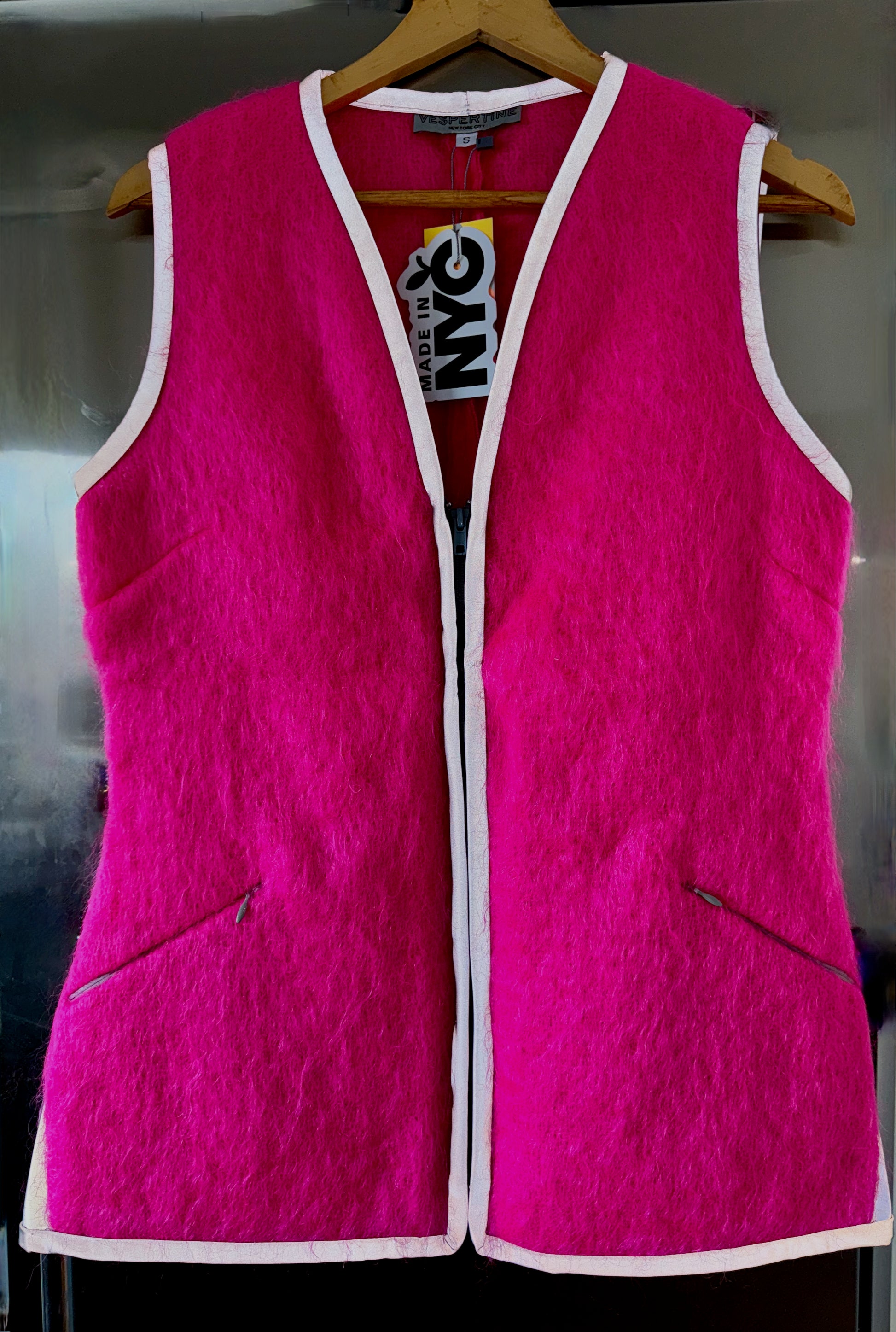 reflective Mohair zip sweater VEST, Barbie pink, Shocking Pink, zip pockets hi vis stylish safety vest neon vest high visibility vest made in NYC bike cycle ebike dog walker walking be seen