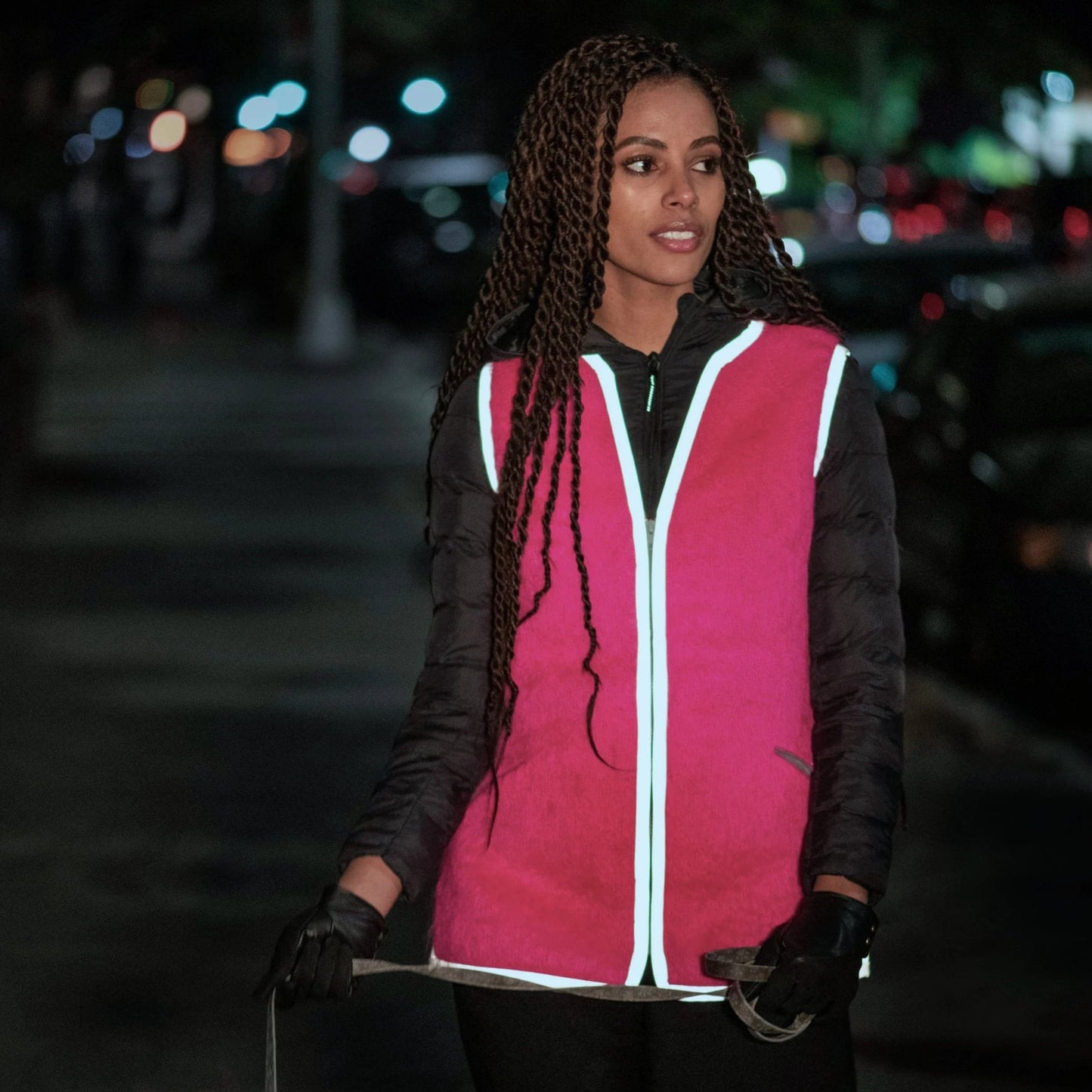 reflective Mohair zip sweater VEST, Barbie pink, Shocking Pink, zip pockets hi vis stylish safety vest neon vest high visibility vest made in NYC bike cycle ebike dog walker walking be seen