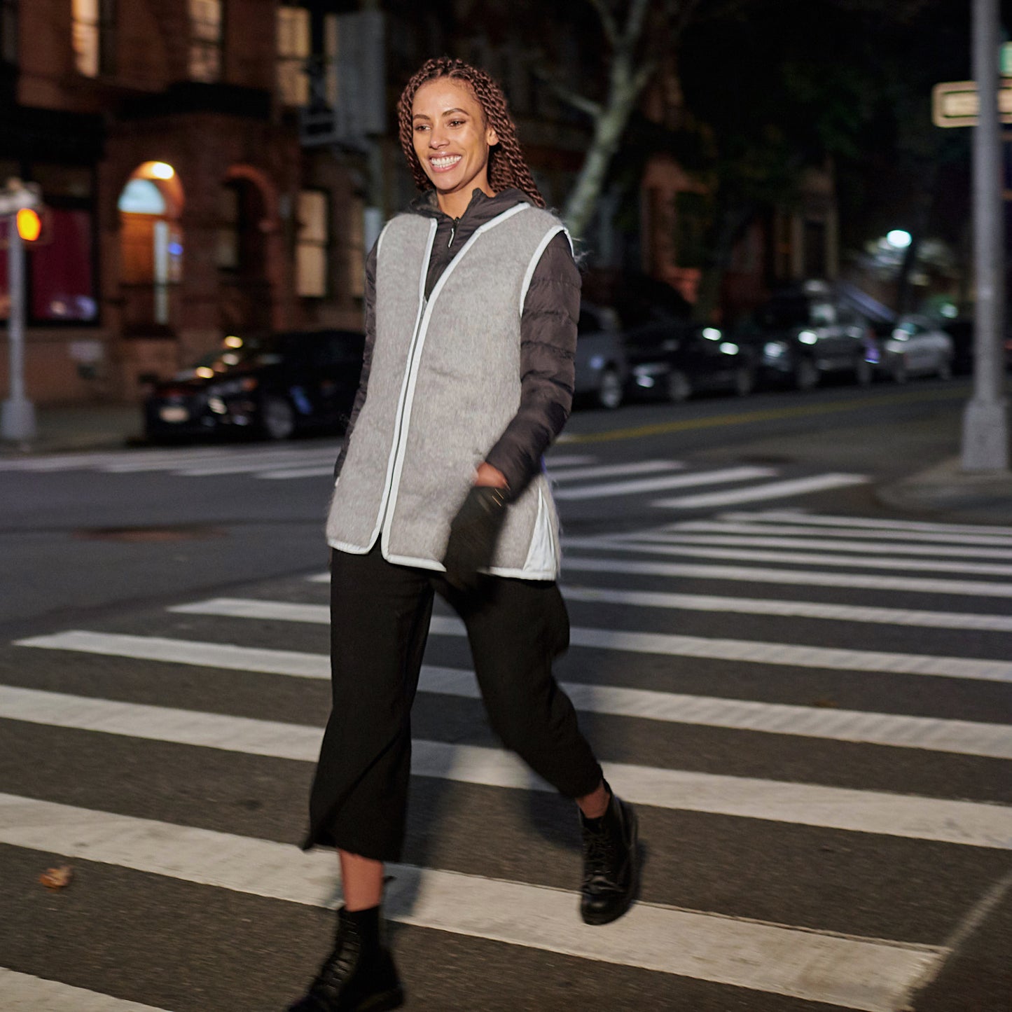REFLECTIVE MOhair VEST, Silver Grey Mohair with reflective trim winter fashion sweater vest fur vest women's fashion made in nyc woman walking safety vest .