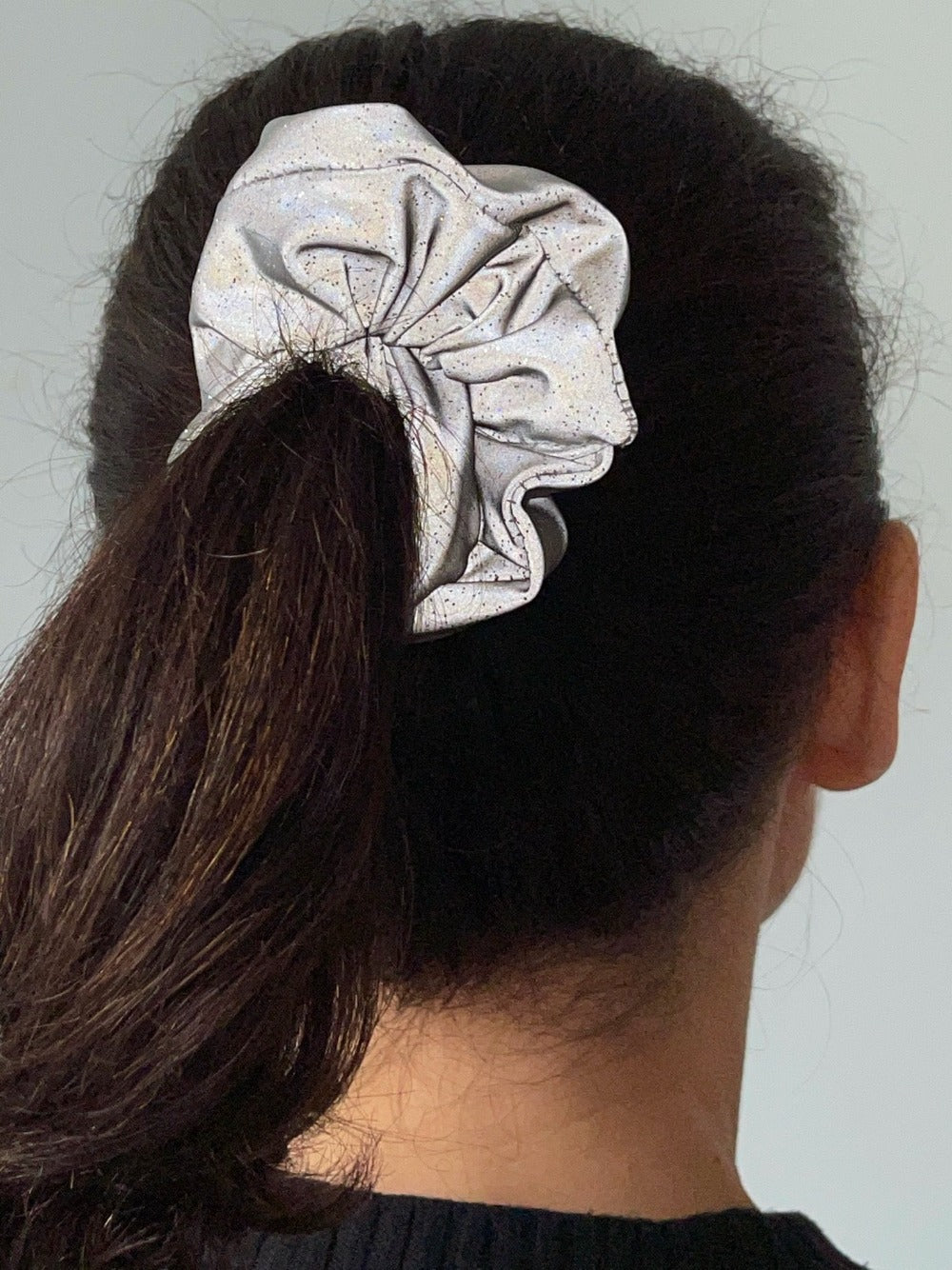 SCRUNCHIE- rainbow sparkle reflective silver High Visibility jumbo sized reflective scrunchie reflective Night Running Cycling Walking Safety. HAIR accessories. wrist band bracelet arm band