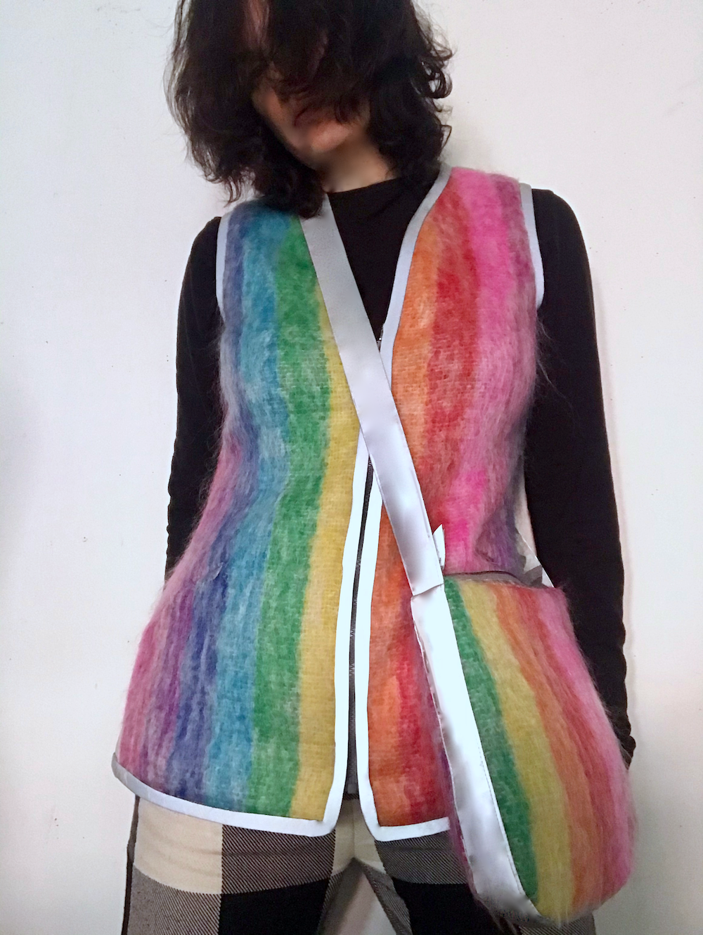 The Mohair Cardigan Zip Sweater Vest, Rainbow Striped w/Reflective Trim