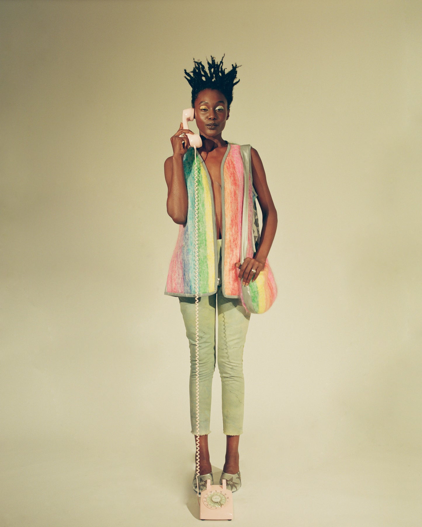 The Mohair Cardigan Zip Sweater Vest, Rainbow Striped w/Reflective Trim