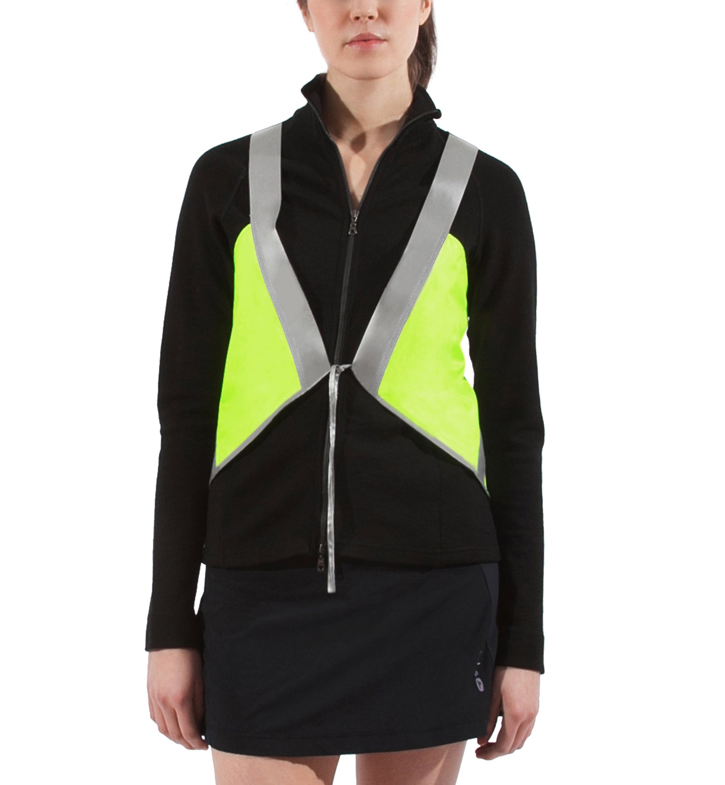 model wears vespert eco citron neon yellow stylish reflective vis safety vest reflecting clothing high visibility gear accessory women fashion bike walk run dog walking walker night sustainable nighttime bright 3M scotchlite made in NYC USA