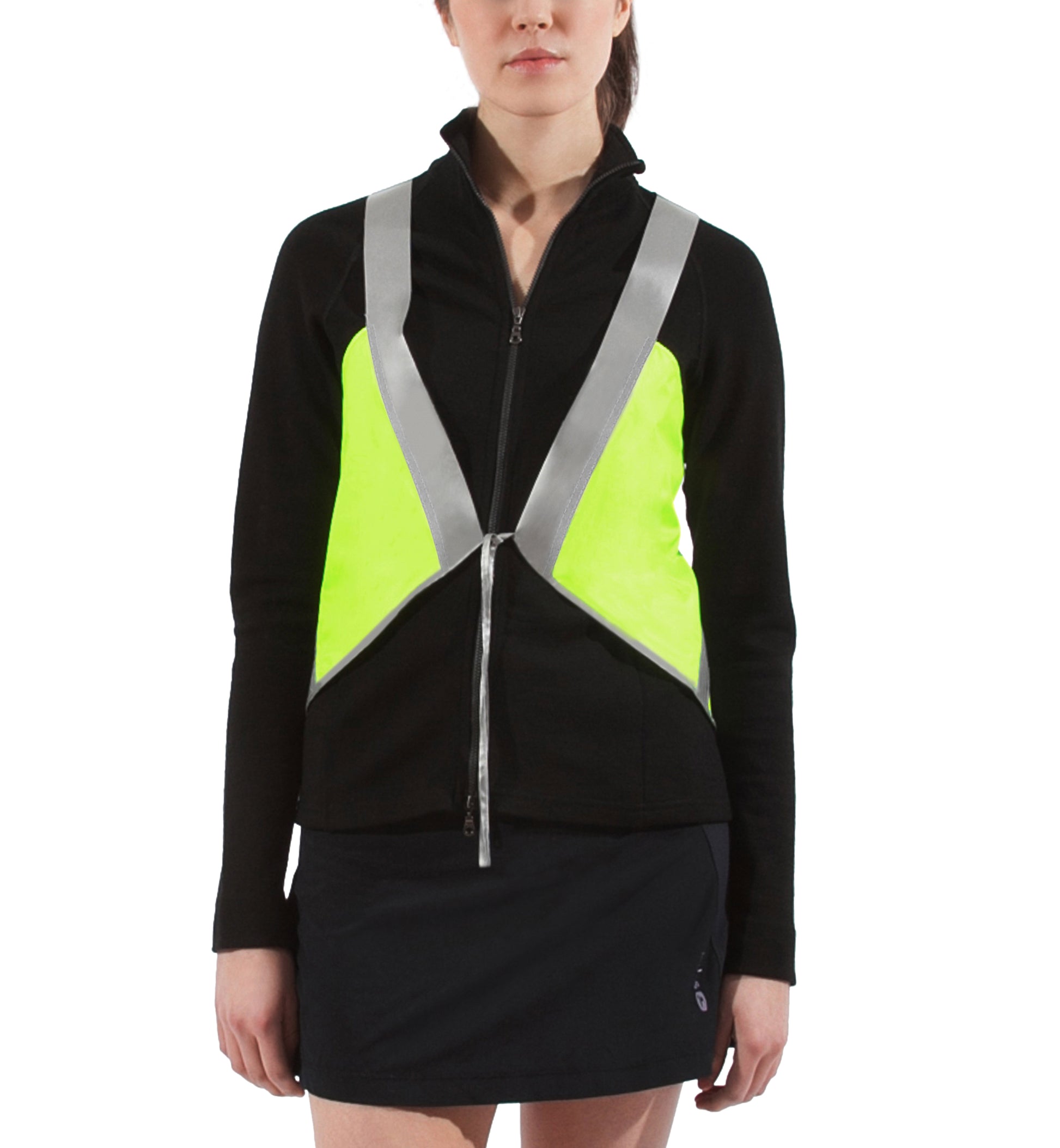 model wears vespert eco citron neon yellow stylish reflective vis safety vest reflecting clothing high visibility gear accessory women fashion bike walk run dog walking walker night sustainable nighttime bright 3M scotchlite made in NYC USA