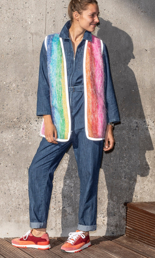 rainbow striped mohair sweater vest with reflective trim