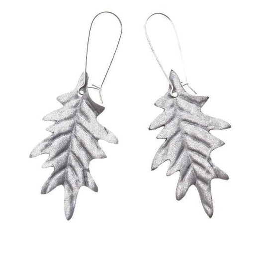 Reflective oak leaf earrings, quicksilver, silver bright 3M scotchlite lightweight beautiful fabric dangling dangly earrings made in NYC USA surgical steel hook and satin backing be seen at night dog walking walk hi vis fashion