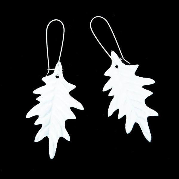 Reflective oak leaf earrings, quicksilver, silver bright 3M scotchlite lightweight beautiful fabric dangling dangly earrings made in NYC USA surgical steel hook and satin backing be seen at night dog walking walk hi vis fashion