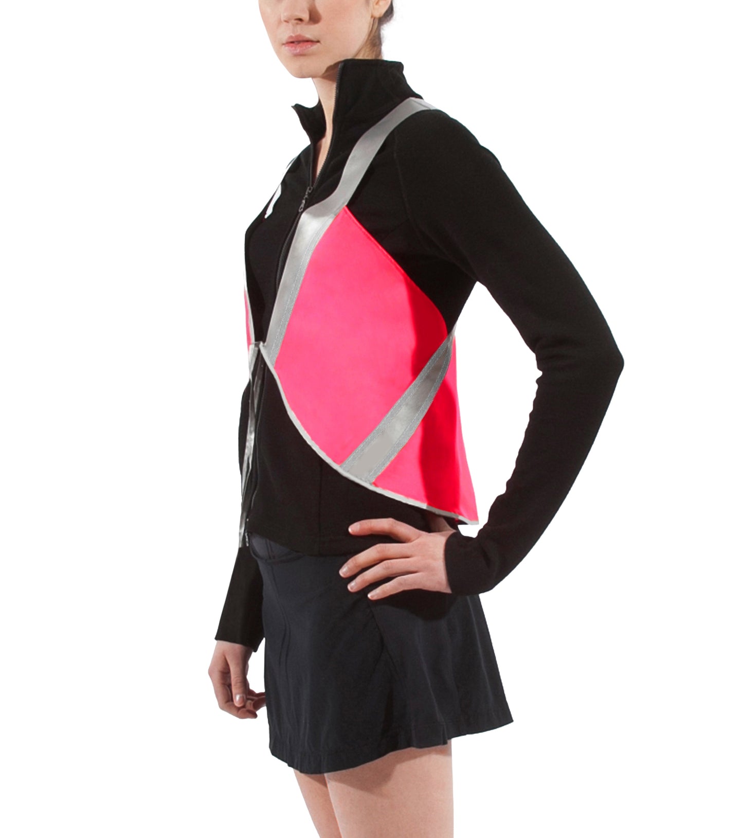 model wears cute vespert eco cotton candy neon pink stylish reflective hi vis safety vest for women reflecting clothing high visibility gear accessory womens fashion bike bike cycling walk run running dog walking walker night sustainable nighttime bright 3M scotchlite made in NYC USA