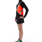 model wears cute vespert eco flame neon orange stylish reflective hi vis safety vest for women reflecting clothing high visibility gear accessory womens fashion bike ebike cycling walk run running dog walking walker night sustainable nighttime bright made of eco-circle recycled polyester and 360 3M scotchlite material in NYC USA designed to be seen day and night packable